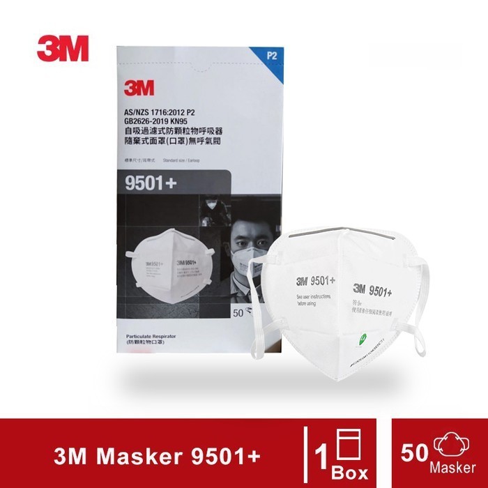 3M 9501+ Masker Kn95 Particulate Respirator P2 - 1 Box ( 50 Masker )