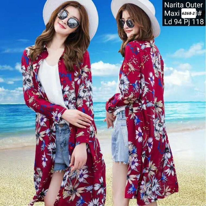 READY Long cardigan sifon krah motif bunga impor
