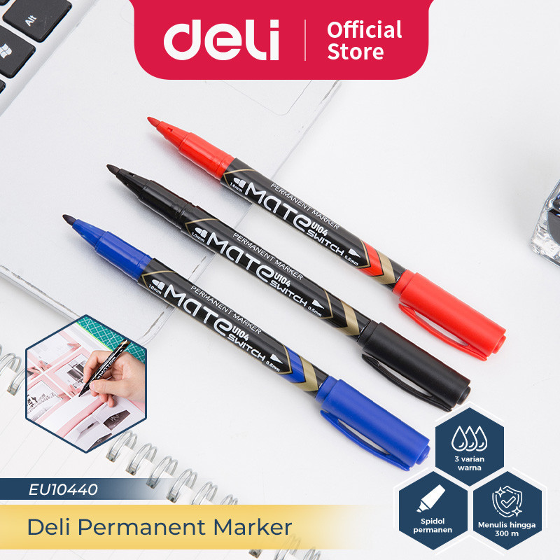 

Deli Permanent Marker / Spidol Permanen Tip Ganda Cepat Kering Isi 12 pcs Hitam EU104X0