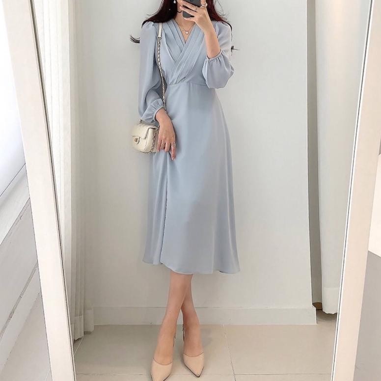 MILIKI D0749 MILLIE KOREAN STYLE VINTAGE MIDI DRESS POLOS HIJAB FRIENDLY CASUAL LOOK BABY BLUE BLACK