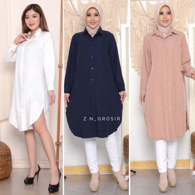 BAJU LONG DRESS KEMEJA TUNIK WANITA HITAM PUTIH POLOS JUMBO CASUAL KAS