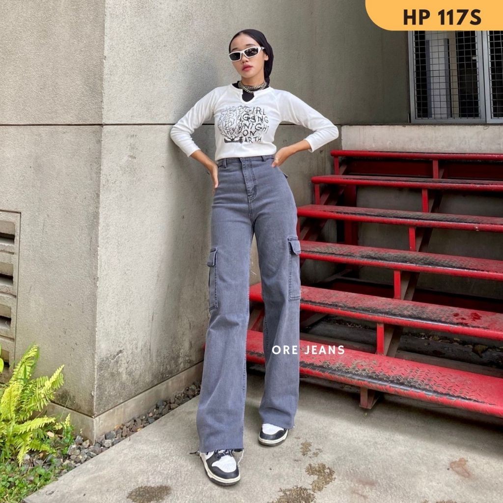 [ONLINE EXCLUSIVE] ORE - HW HP177 S Celana Kulot Cargo Jeans Vintage Street Wear Korean Look Style