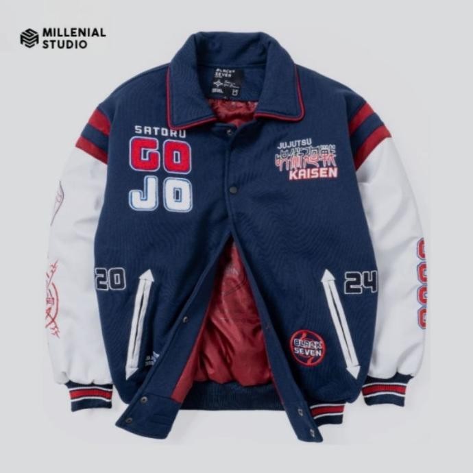 Varsity Jacket Jujutsu Kaisen Navy White | Jaket Baseball Kerah Japan Rasyaulil12
