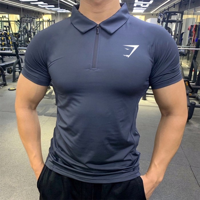 New Kerah Zipper Navy Kaos Gym Kerah Baju Polo Training Fitness Pria Gratis Ongkir