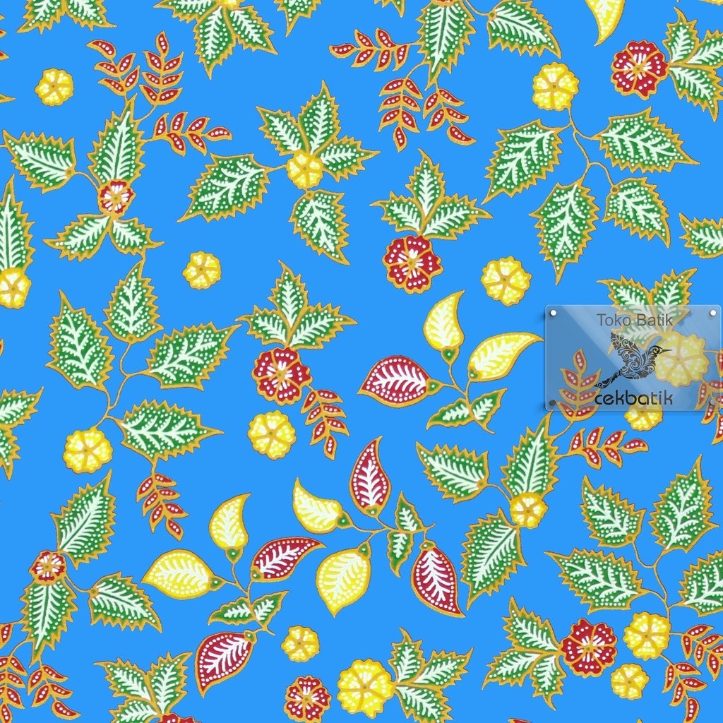 kain batik - Motif Cerah Bunga Merah Kuning Manis dengan Daun Hijau (Biru Muda)