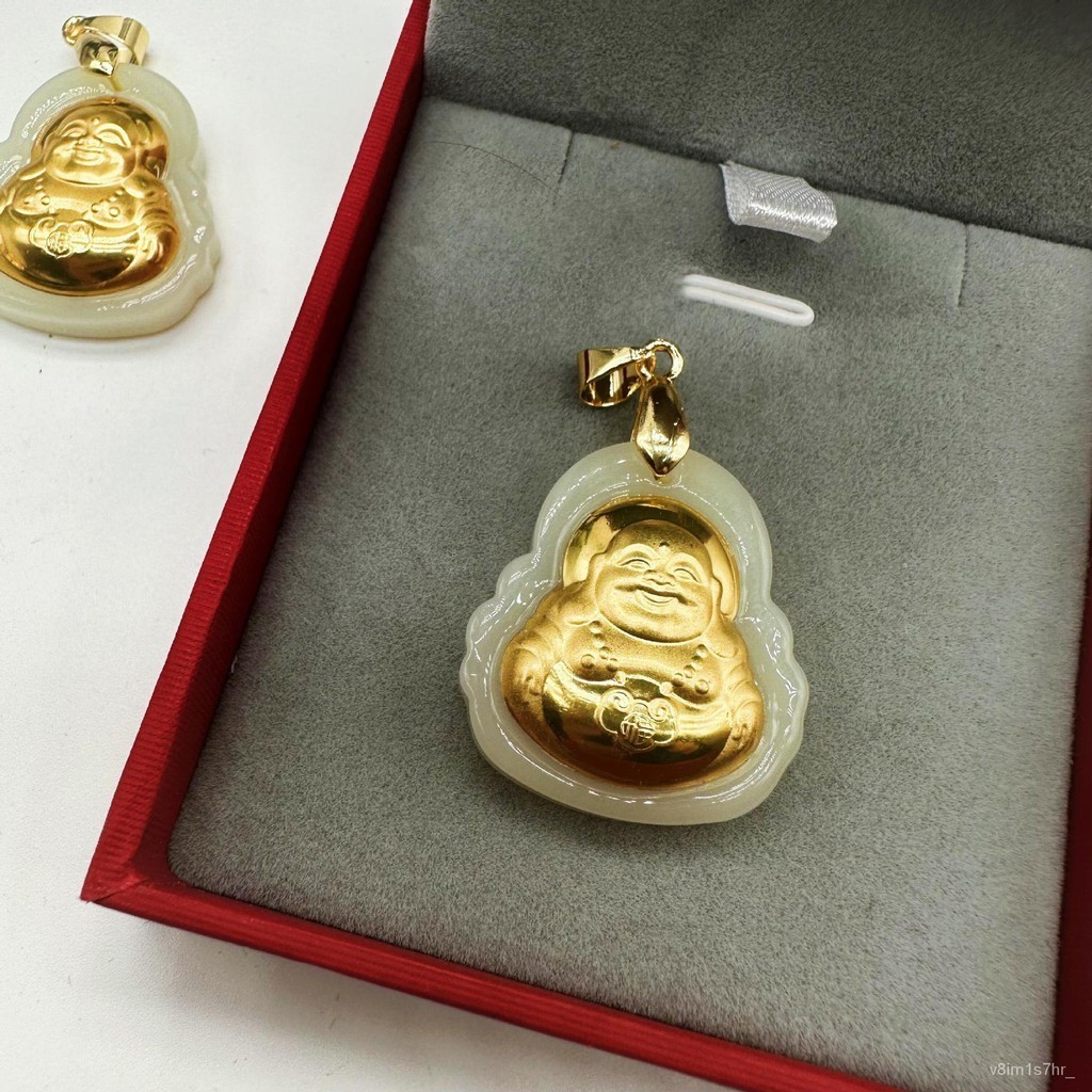Bertatahkan Emas dengan Giok Putih Buddha Kecil Maitreya Buddha Liontin Kalung Fashion Wanita Buddha
