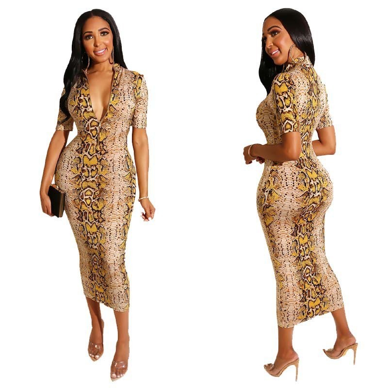 L0264  AliExpress Amazon European and American Summer Short Sleeve Printed Snakeskin Sheath Dress