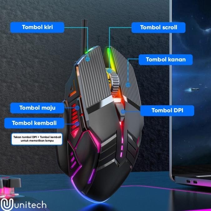 Mouse Gaming Kabel Optical Unitech Colorful Backlight Silent Click - stelladustore