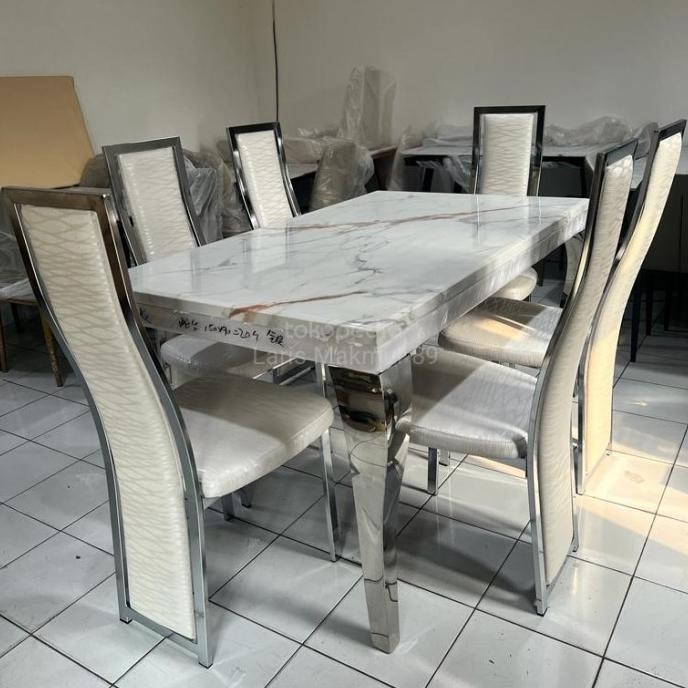 Meja Makan 6 Kursi Minimalis Marmer / Meja Makan Kursi Stainless Burgerxaxa