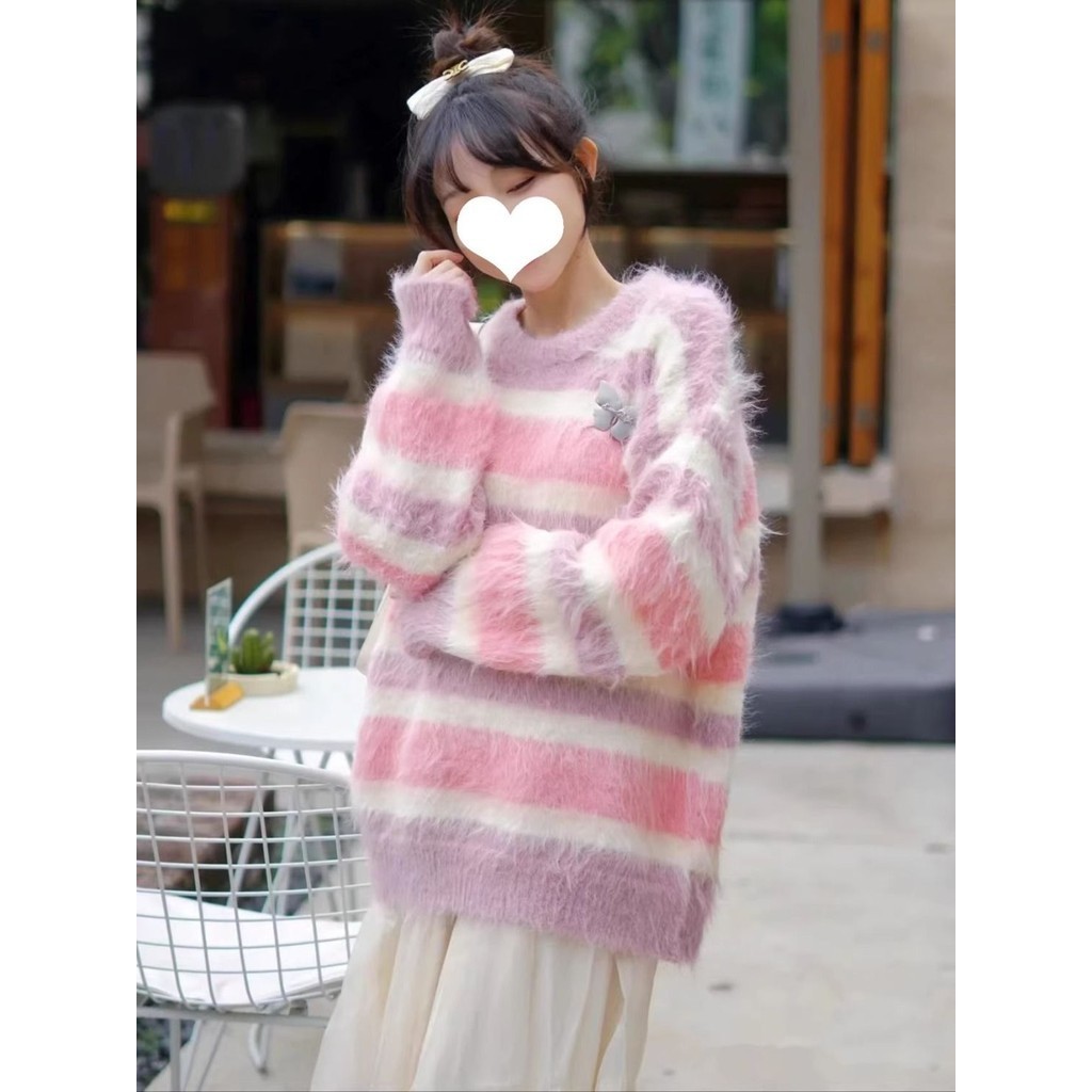 Weiziman Amerika Bergaris Kuose Sweater Wanita Musim Gugur dan Musim Dingin Baru Luar Ruangan Bulu C