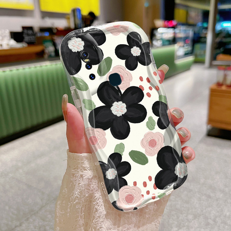 Casing Hp VIVO V15 VIVO V15 Pro VIVO V20 Pro VIVO S7 Case ungu dan bunga hitam pola Kesing HP indah 
