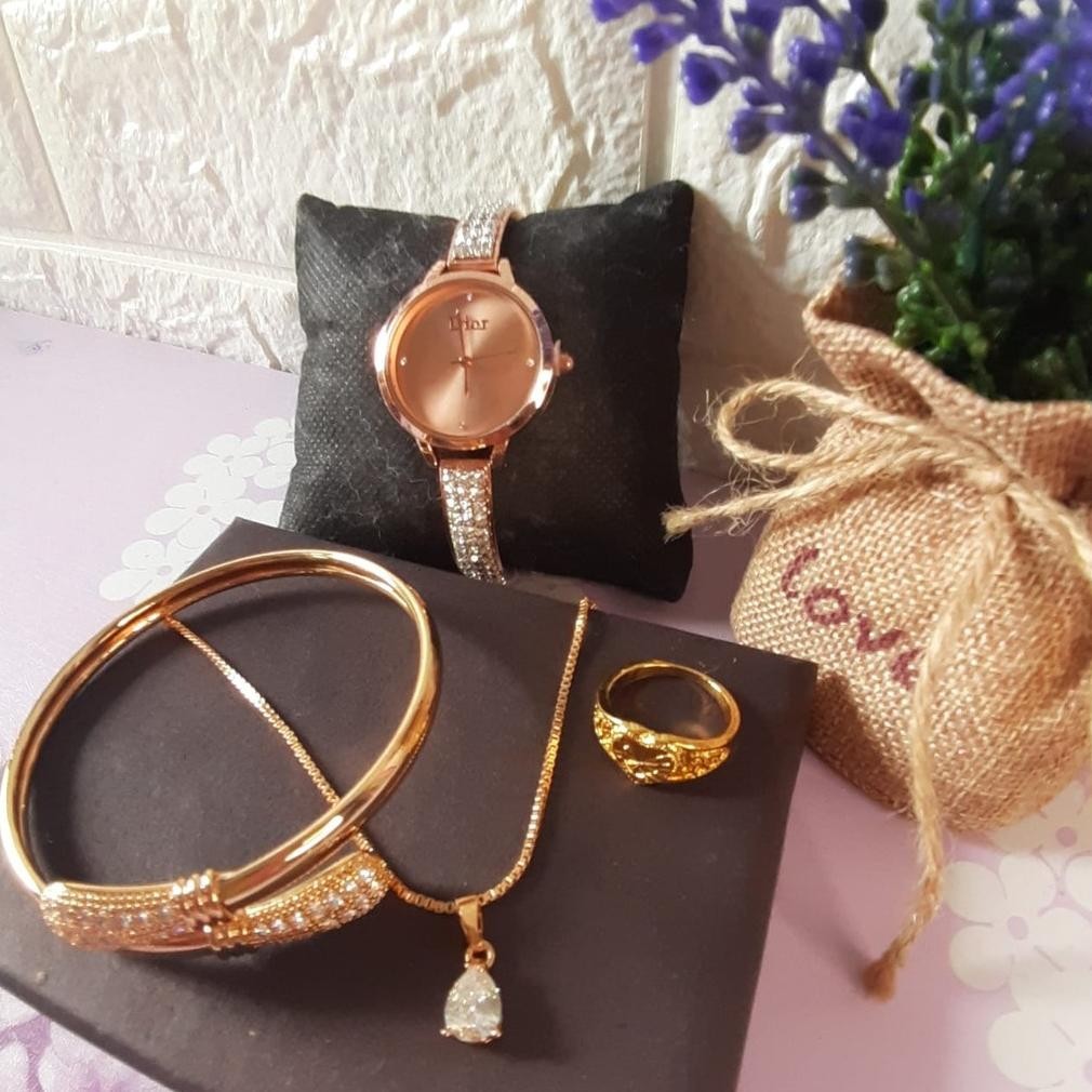 {JAM} Jam tangan wanita Set Paket Jam Tangan Rantai Fashion Wanita Paket Jam Kalung Cincin Gelang Ti