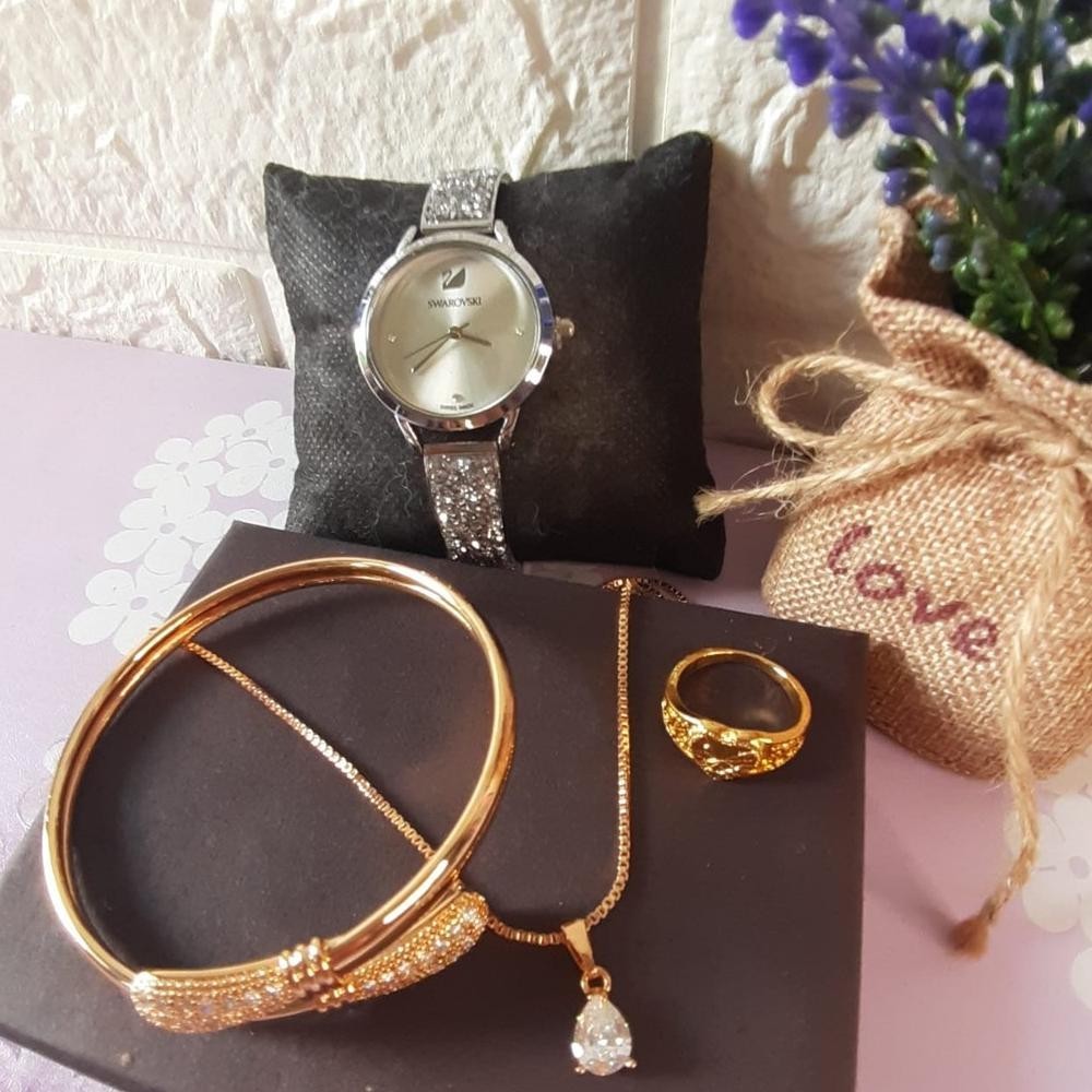 {JAM} Jam tangan Wanita Set Paket Jam Tangan Rantai Mata Fashion Wanita Paket Jam Kalung Cincin Gela