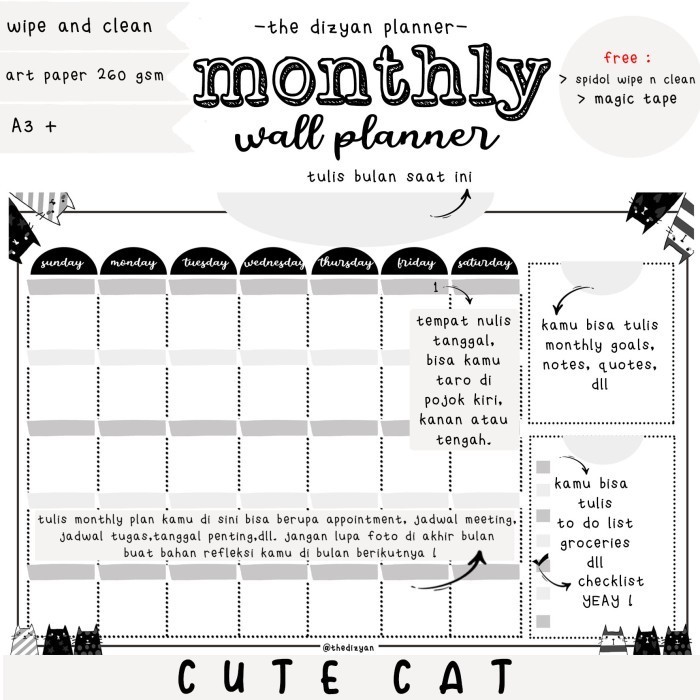 

Hadir Monthly Wall Planner | Schedule Board | Wipe N Clean | Cute Cat Bagus