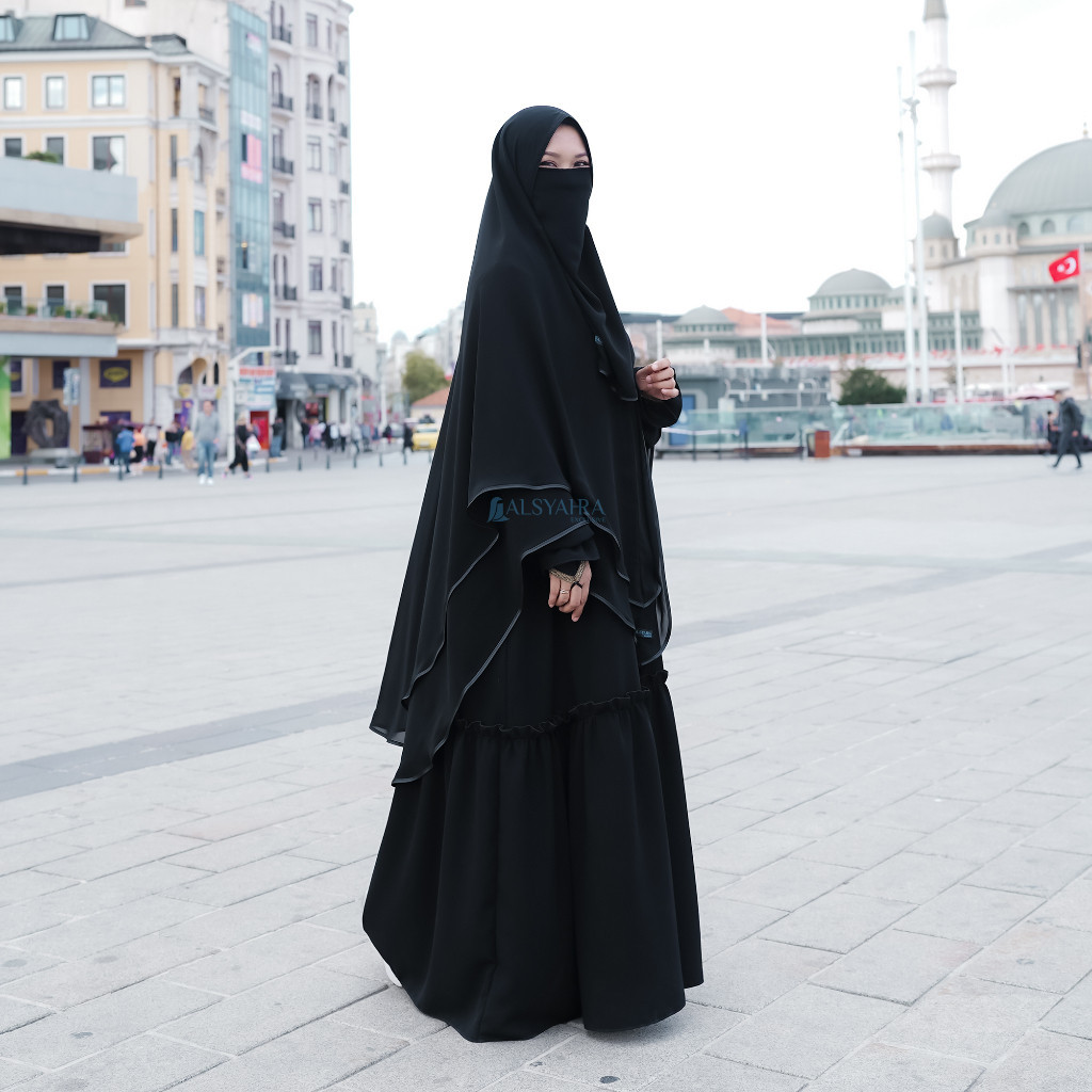 Promo Mega Sale 2.2 // Alsyahra Exclusive Set Khimar Cadar Tali Shofa Bisban Sifon Silk Jetblack 2