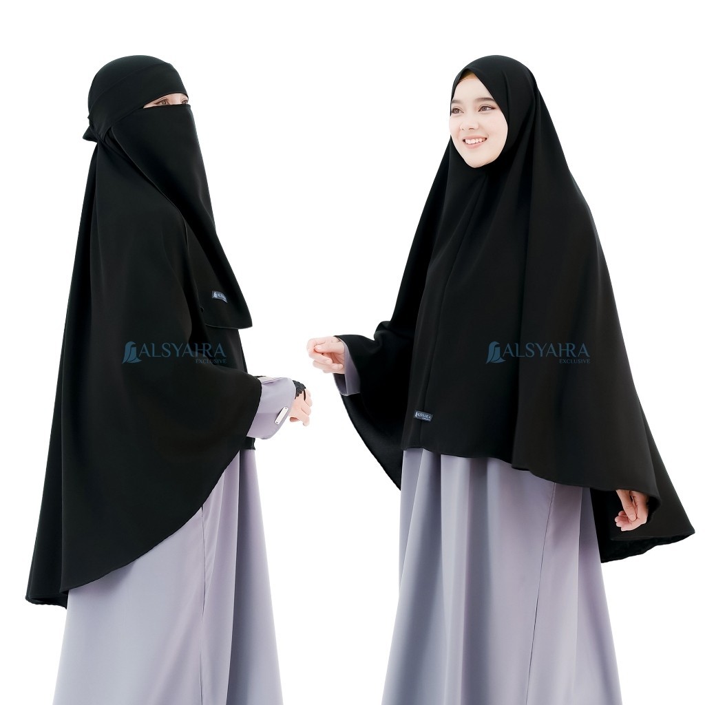 Promo Mega Sale 2.2 // Alsyahra Exclusive Set Khimar Marwah Non Pet Niqab Bandana L Jetblack