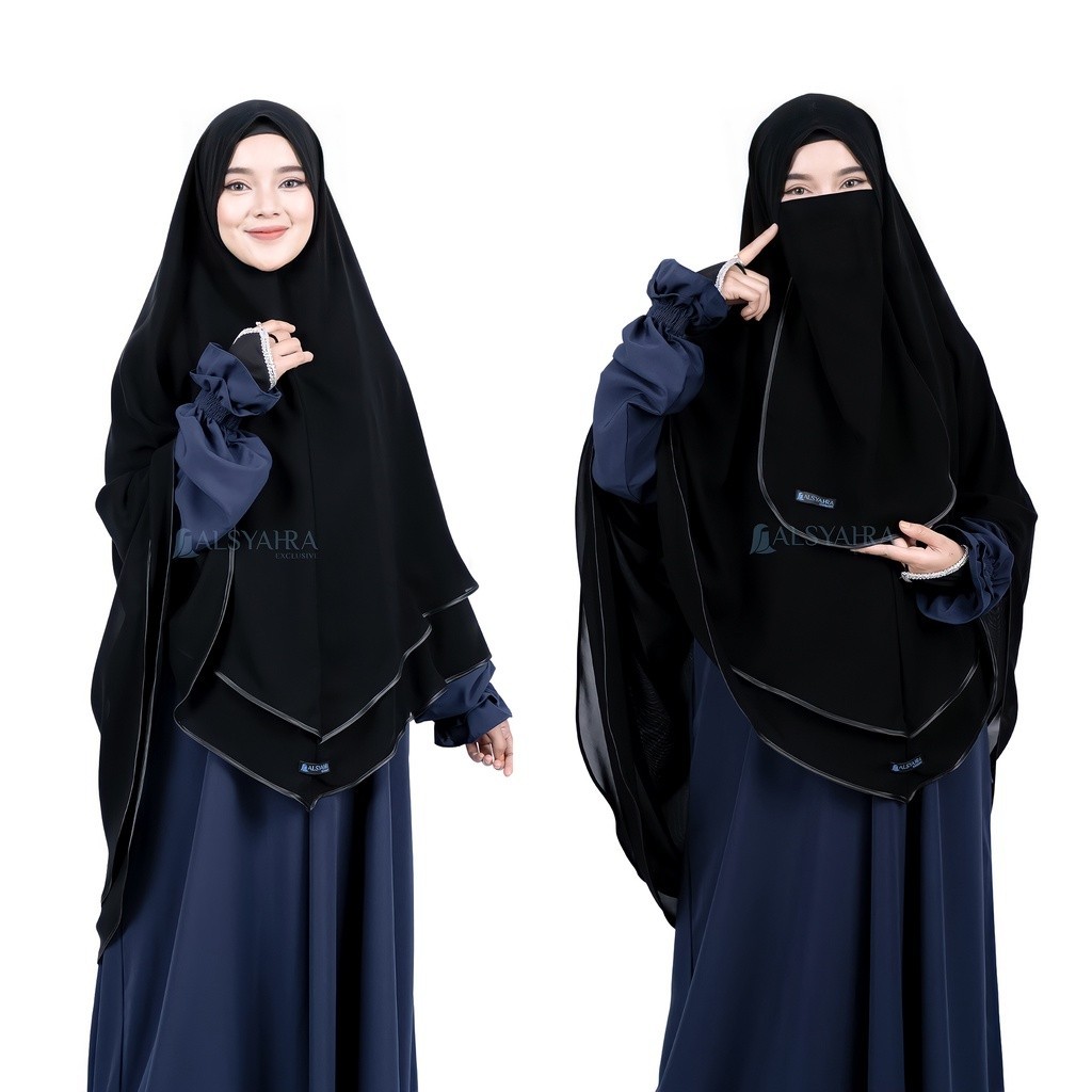 Promo Mega Sale 2.2 // Alsyahra Exclusive Set Khimar Cadar Tali Shofa Bisban Sifon Silk Jetblack 2
