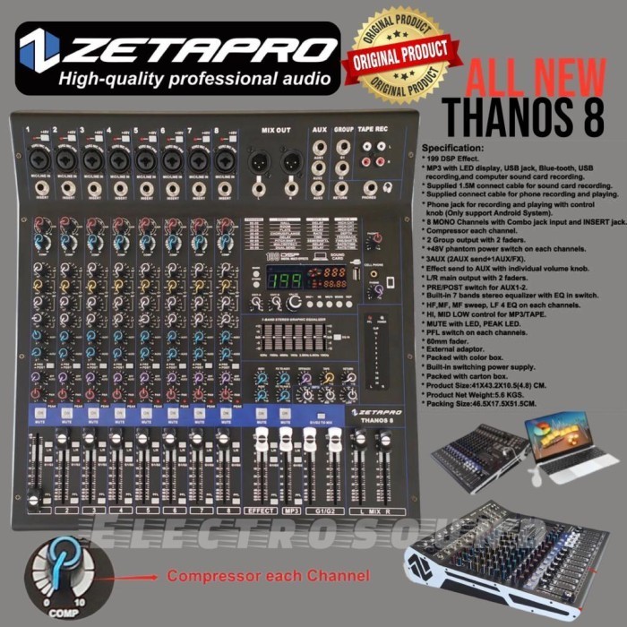 Mixer Audio Zetapro Thanos 8 / Thanos8 / Mixer 8Channel Reverb 256 Dsp Aksesoris Audio