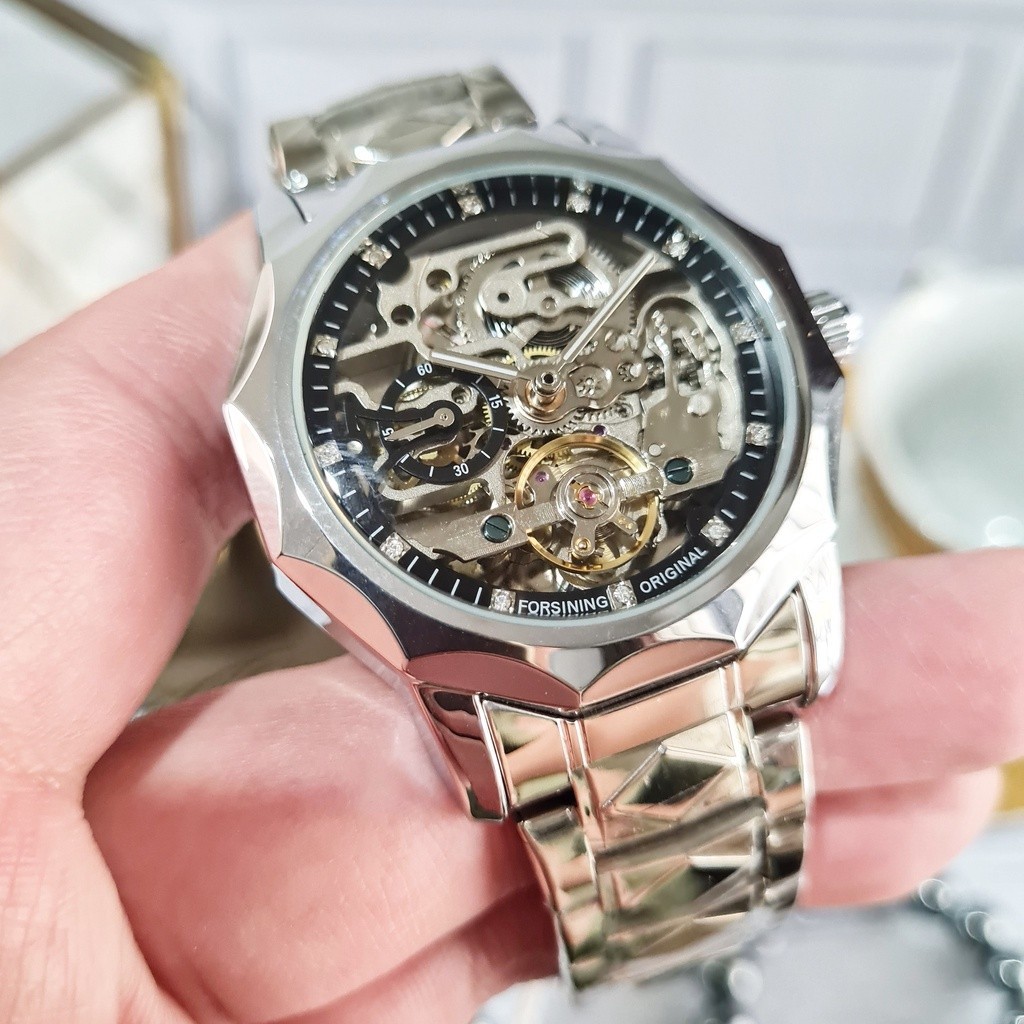 FORSINING Jam Tangan Pria Original Automatic Otomatis Mechanical Mekanik Skeleton Rantai Besi Silver