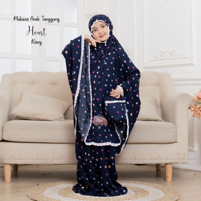 Mukena Anak Polos Kombinasi 3 12 Tahun Mukena Anak Tanggung Sd Sm Mukena Rayon Anak Heart - Navy