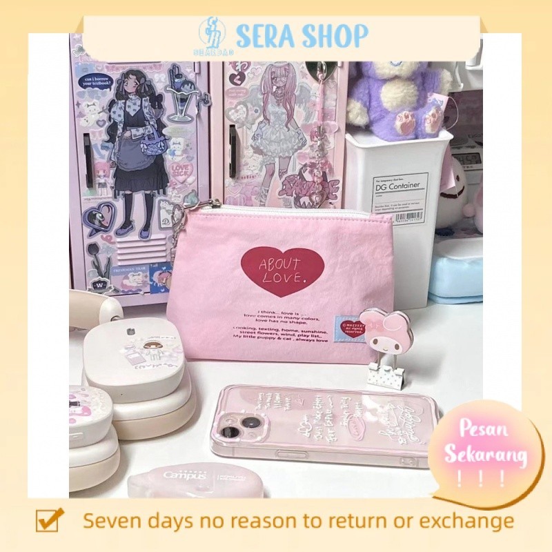 

✿✓Sera Duye Korea Selatan Mazzzzy Tas Penyimpanan Tentang Cinta Tas Kanvas Cinta Merah Muda Tas Kosmetik Tempat Pensil