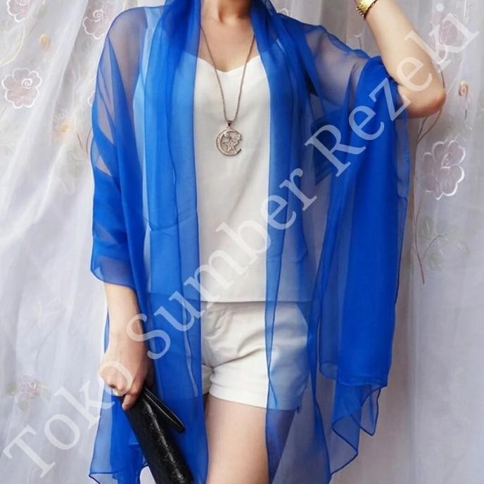 Syal Polos Scarf Blue Chiffon Shawl Selendang Biru Cotton Kain Leher