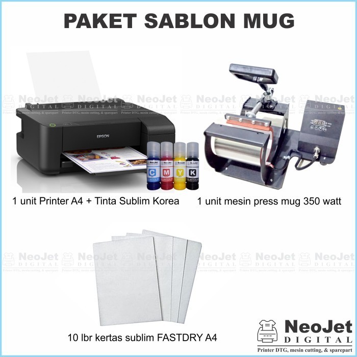 

Paket Sablon Mug Press Printer Epson A4 + Tinta Sublim Korea + Kertas