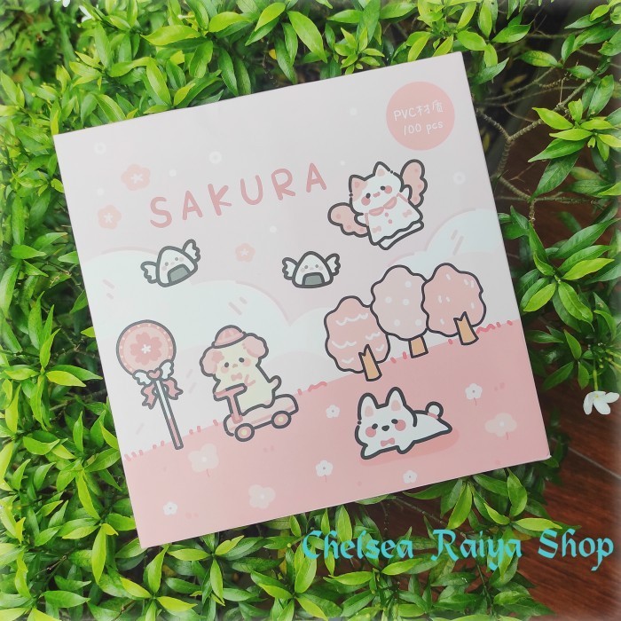 

Stiker Plastik PVC Dekorasi Scrapbook Sakura Cat 100 Lembar + Box