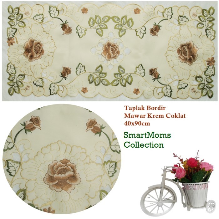 TAPLAK MEJA BORDIR BUNGA / TAPLAK MEJA TAMU BORDIR IMPORT MEWAH KREM