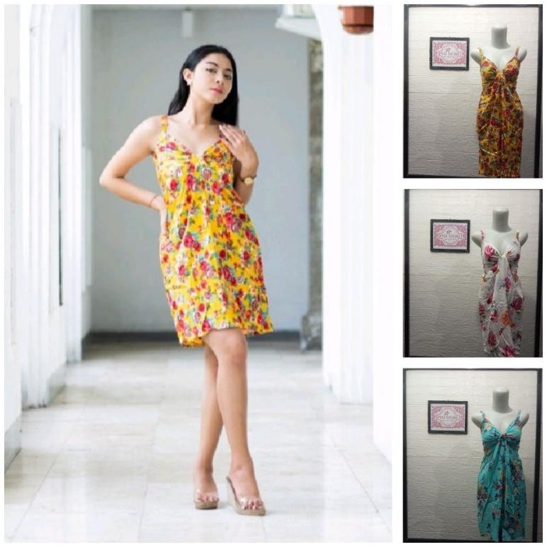 Terlaris (Cod) Dress Gunung Pendek Tali Satu Motif Polkadot, Bunga / Daster Luna Kerut Rayon Bali Se