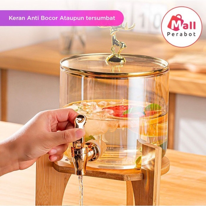 Dispenser Air Kaca Ketel Dingin dengan Tatakan Kayu Tempat Minum 2,6L