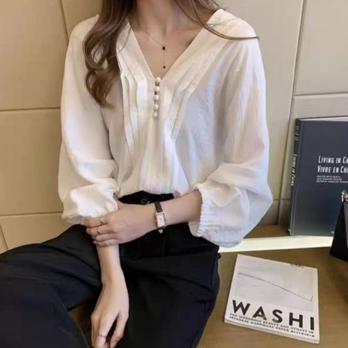 Blouse Atasan Wanita Denisse Hem Vneck Top Bahan Cotton Tencel Import