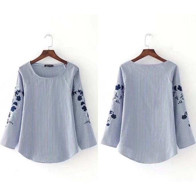 Baju Atasan Bordir Lengan Blue Biru Blouse Wanita Korea Import Tunik