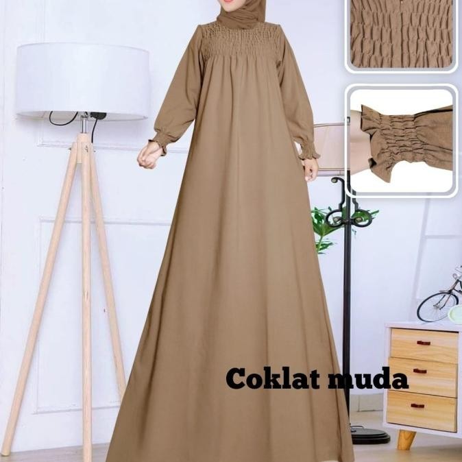 Gamis Wanita Model Smoc Motif Coklat Muda