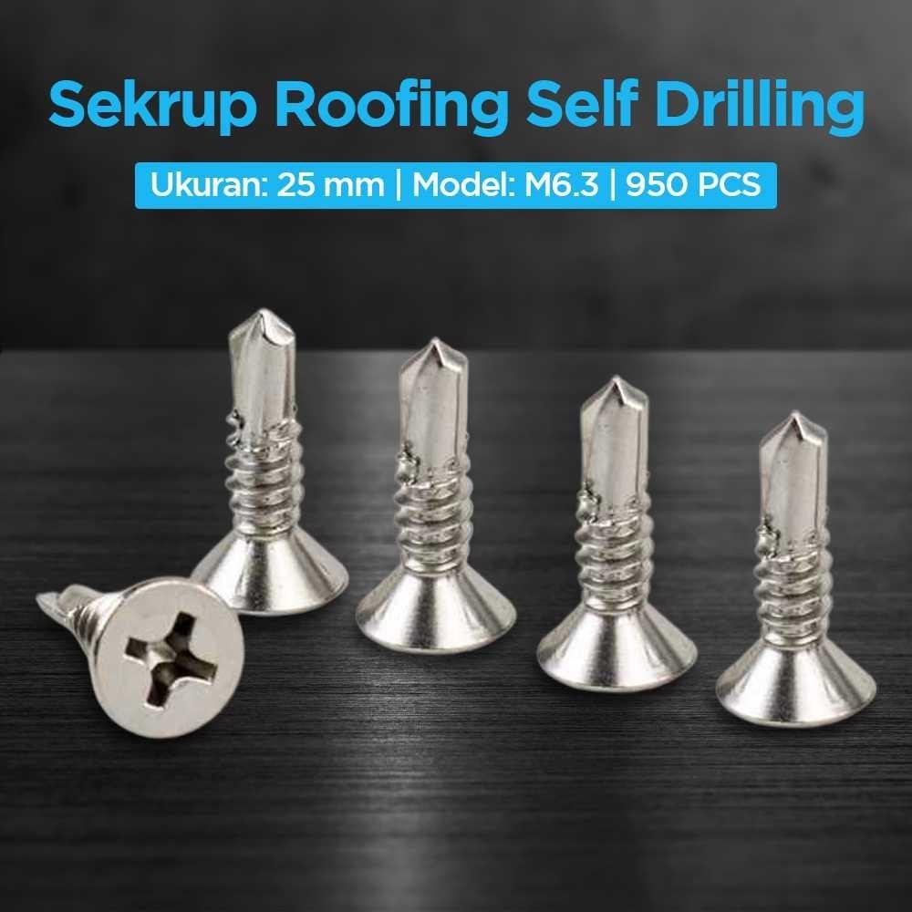 WY Sekrup Roofing Self Drilling Screw Flat Head M6.3 25mm 950 PCS MO410 Baut Alat Serba Pasang Ukir 