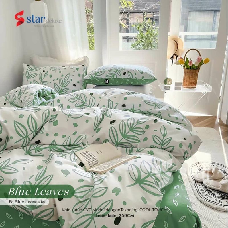 Kain Sprei Katun CVC Star Motif BLUE LEAVES HIJAU - PUTIH