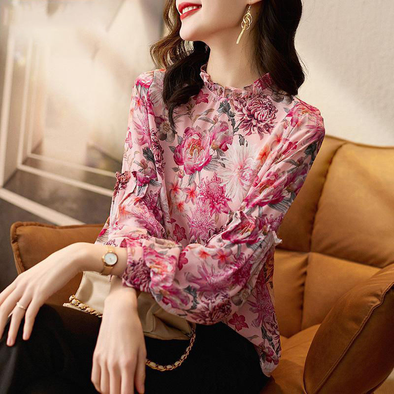 Blus Wanita Sifon, Atasan Kecil Lengan Panjang Motif Bunga