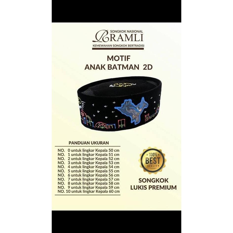 Peci Songkok Anak Hitam Lukis Motif Batman