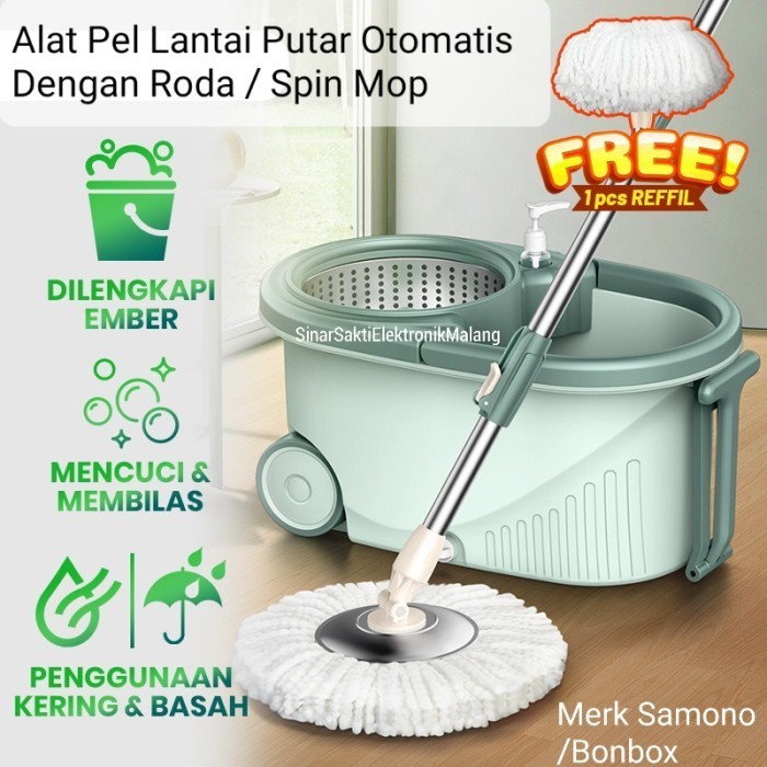 ------] Alat Sapu Pel Lantai Putar Otomatis Super Spin Mop Dengan Roda Samono