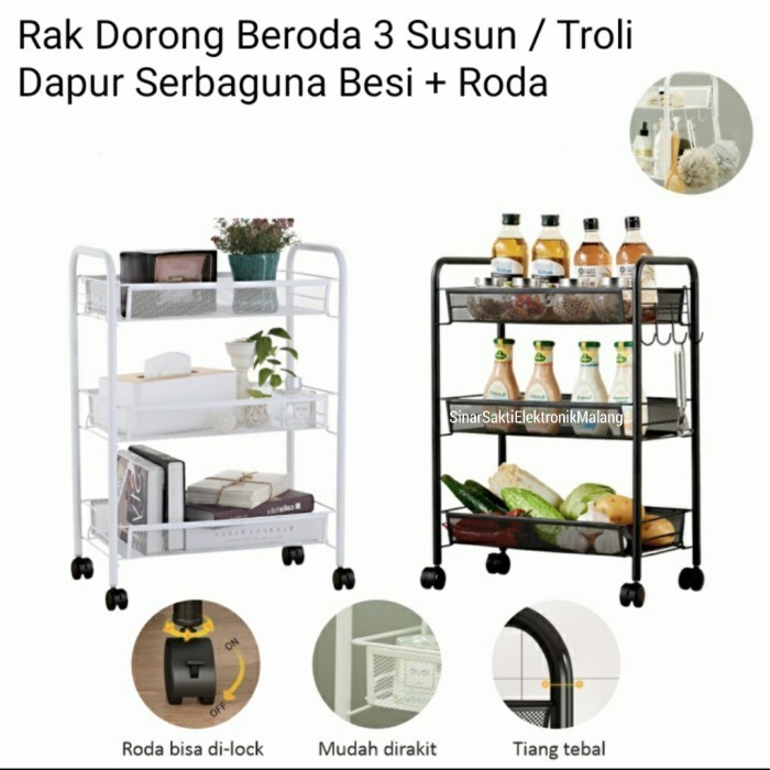 <<<<<] Rak Lantai Beroda 3 Susun Troli Dorong Roda Serbaguna Besi Dapur Hitam