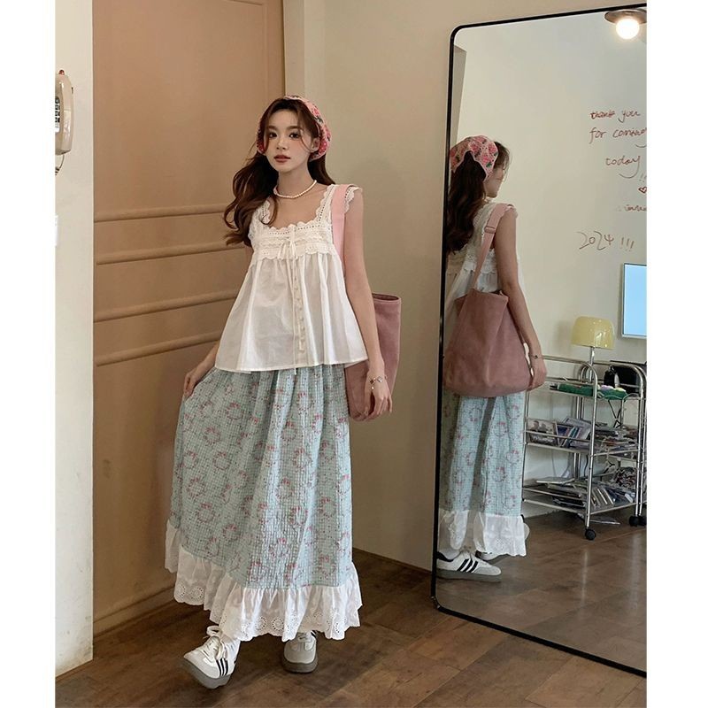 Rok renda putih setengah badan wanita bagian baru dari rok a-line panjang rok pinggang tinggi rok ay