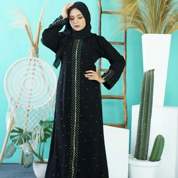 READY Baju Dress Abaya Muslim Gamis Arab Hitam Zipper mata full kancing