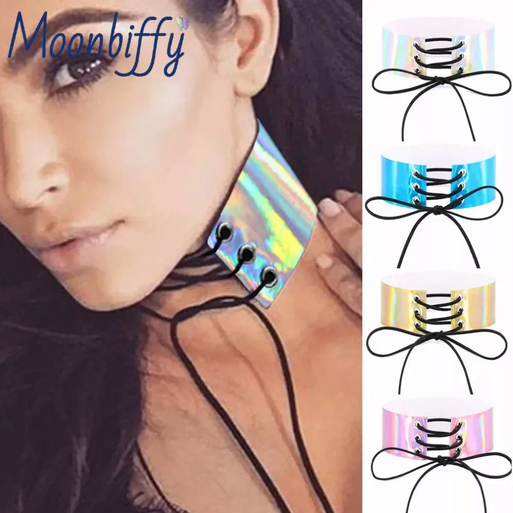 Kalung Choker Renda untuk Wanita, Kalung Choker Holografik Korset Choker Lebar Gotik Perhiasan Leher