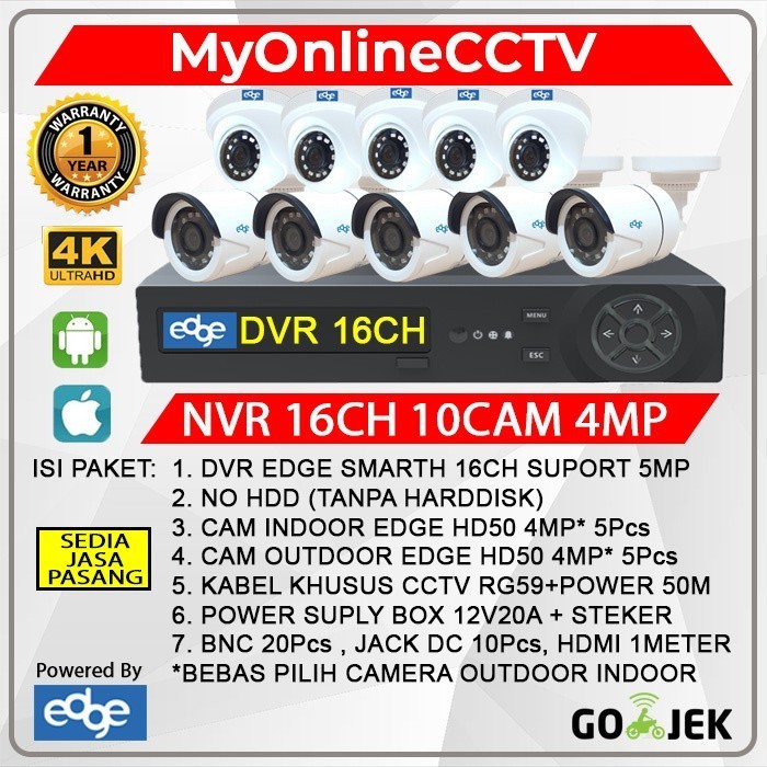 Paket Cctv Edge Dvr 16Ch 10Kamera 4Mp Asli Tinggal Pasang No Hdd