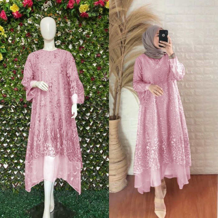 Tunik Dress Wanita Bahan Tile Mutiara Casual Polos Mewah Panjang-Zaf