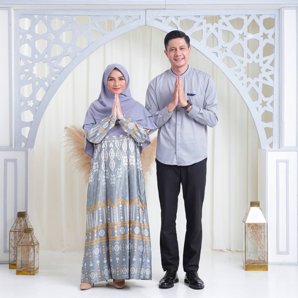Sarimbit Hawa Raya Softgreen Couple Pasangan Michan Gamis Koko Ibu Ayah Motif Etnik Perempuan Muslim