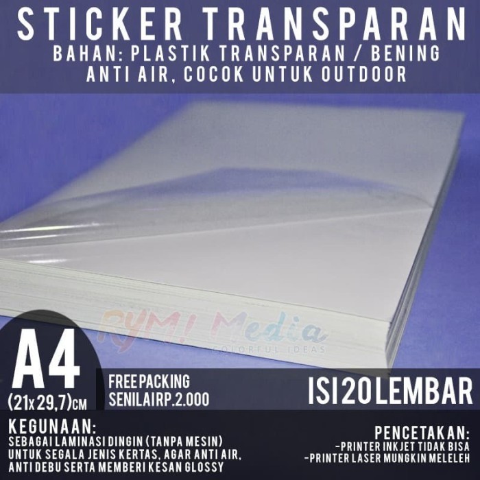 

Kertas Stiker Transparan A4 Isi 20 Lbr / Sticker Transparant Laminasi