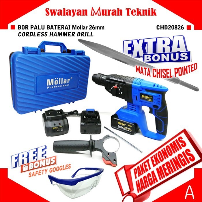 TERMURAH - Impact Rotary Hammer Drill Cordless Mollar CHD20826 Bor Beton Baterai