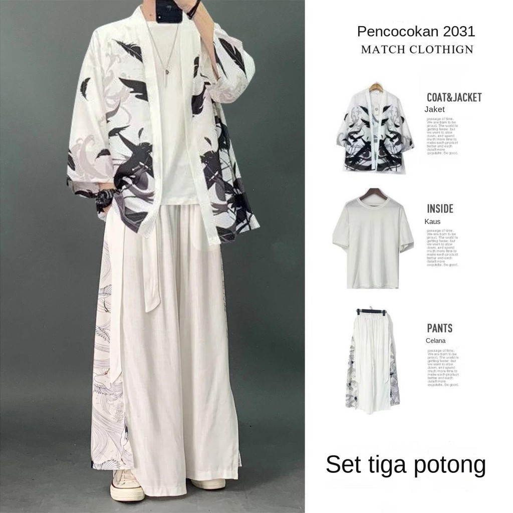 Setelan Pakaian Sutra Es Tipis Pria Jubah Hanfu Tinggi Tiongkok