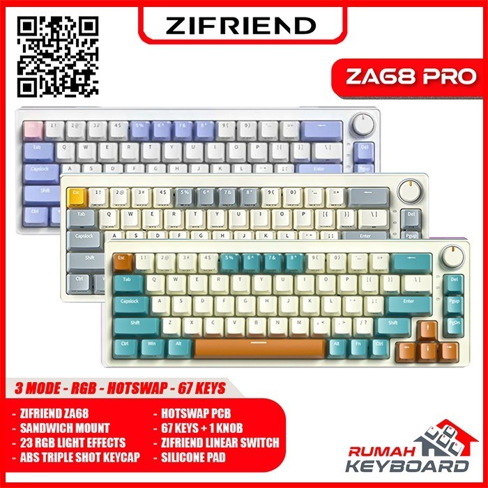 Mechanical Keyboard - Zifriend Za68 Pro - 65% - 3 Mode - Rgb - Hotswap Termurah Terlaris Promo